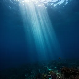 ambient rays in the depths of the ocean, fish and corals barely visible, raytracing, unreal engine, nature, caustics, artstation