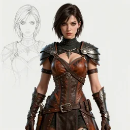 rogue, fantasy ornate leather bandit outfit!!! beautiful and athletic short hair female!! gorgeous face and eyes!! character concept art, sharp focus, octane render! unreal engine 5! highly rendered!! trending on artstation!! detailed linework!! illustration by artgerm, wlop, and chie yoshii