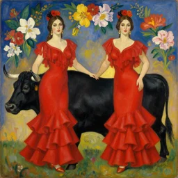 highly detailed painting of gemini goddesses wearing red flamenco gowns, standing behind a black bull, framed with flowers by tamara de lempicka