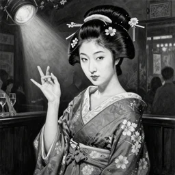 highly detailed black and white realistic painting of a beautiful geisha with cherry blossom standing, night club, harmony, beautiful face, rule of thirds, spotlight, hand gesture, expressive, passionate, by jenny saville, by greg rutkowski, by lucian freud, by jeremy mann, digital painting, charcoal
