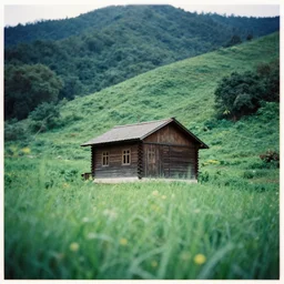 a lomographic photo of a wooden house 1 9 0 7 standing in a lush hill, cinestill, bokeh