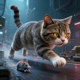 huge 🐱, by mark ryden in cyberpunk environment, 4 k ultra high resolution, cat chasing mouse, horror, long camera shot, 🐭 fleeing