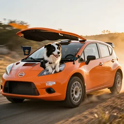 border collie dog in the driver's seat of an orange nissan note, paws on wheel, car moving fast, rally driving photo, award winning photo, golden hour,