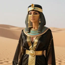 photograph of an egyptian woman, gold face chains, chains, egyptian clothing, gold patterns, black clothing, elegant, fancy, rich, character design, costume, egyptian, arabian, dune, desert
