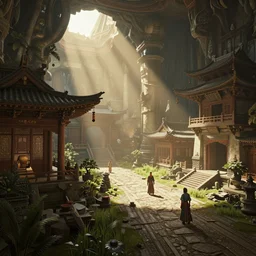 dali environment scene by wenjun lin, irakli nadar, octopath traveler, wenjun lin, unreal engine 5 highly rendered, subsurface scattering, global illumination, radiant light, detailed and intricate song dynasty environment