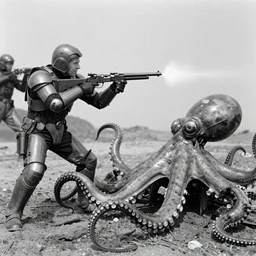 old black and white photo, 1 9 1 3, depicting bruce willis in combat armor with guns, shooting biomechanical octopus, historical record, tentacles around
