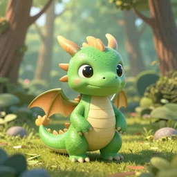 cute little dragon in the forest, realistic d render in pixar style