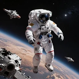 beautiful portrait of a mecha astronaut alone on event horizon flying in void space with spaceship destroyed, octane render, trending on artstation, hyperrealistic, character photography