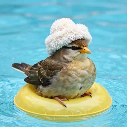 a kiwi bird in a wooly hat sitting on a float in a pool, high quality