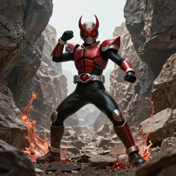 Demonic Kamen Rider standing in a rock quarry doing a henshin pose, League of Legends Splash Art, high quality, 4k, concept art, illustration, Arcane