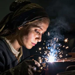 a woman's face in profile, welding, sparks, in the style of the dutch masters and gregory crewdson, dark and moody