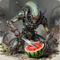 semi reallistic gouache gesture painting, by yoshitaka amano, by ruan jia, by conrad roset, by dofus online artists, detailed anime 3 d render of an alien monstrous using a katana to cut a watermelon, portrait, cgsociety, artstation, rococo mechanical, digital reality, sf 5 ink style, dieselpunk atmosphere, gesture drawn