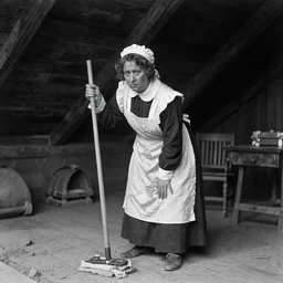 house servant 1700s garret, attic, women mopping, haggard face, historic photographs