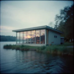 modern house on the lake, artwork by denis villeneuve, mystic, melancholy, pinhole analogue photo quality, lomography, blur, unfocus, cinematic, foil effect, holographic effect