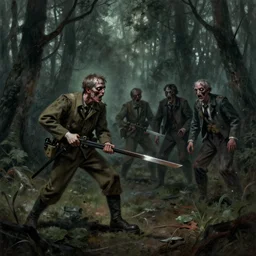 attack zombie during worldwar 2, dark forest, horror, great space, by edward hopper,