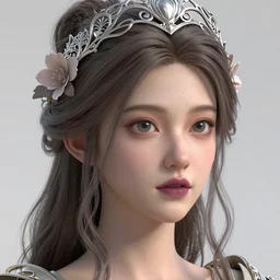 complex 3 d render, ultra detailed, realistic portrait of a beautiful porcelain skin woman, face, wispy, wavy hair worn tied back in a messy bun, wearing filigree silver elven circlet, wide open eyes, round catchlights, flowers in hair, mauve lips, natural makeup, 8 5 mm lens, beautiful, studio portrait, goddess,
