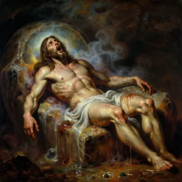 a baroque neoclassicist renaissance painting of jesus rotting in a slimey tomb with a wide open mouth and contorted body. reflective detailed textures. glowing colorful fog, dark background. highly detailed fantasy science fiction painting by moebius, norman rockwell, frank frazetta, and alphonse mucha. rich colors, high contrast. artstation