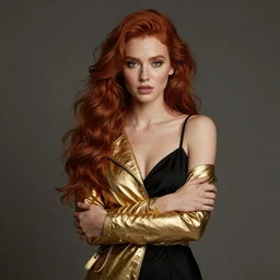 portrait of a girl with long red hair in a black dress, very beautiful style, girl wrapped in gold leather, africa, photorealism edgard maxence,