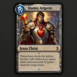 A card with description and status of Jesus Christ as a DOTA 2 character holding a  Sacred Heart armor, card game, card, trade card game, Artifact Dota2, by Stanley Artgerm Lau, WLOP, Rossdraws, James Jean, Andrei Riabovitchev, Marc Simonetti, Yoshitaka Amano, ArtStation, CGSociety,