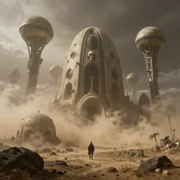 mos eisley spaceport in a dust storm with strange skeletal domed buildings designed by hr giger