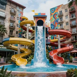 waterpark in an east side downtown tenement apartments waterslides painting by brain froud, charles vess, cinematic lighting, epic composition, highly detailed