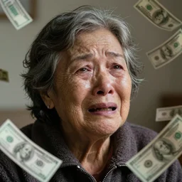 close up portrait old underweight lady is crying because she is so cold, burning money floats in the air, hyper realistic photo, full colour, kodak porta 4 0 0, upscale, 8 k, masterpiece,