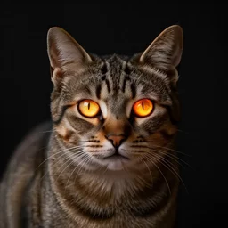 a cat, glowing inferno eyes,black background, hyper realistic