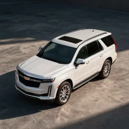 A white SUV based on a Cadillac Escalade and Chevrolet Tahoe, overhead angle