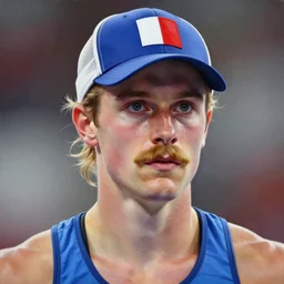 portrait painting of the upper body part of a french blond crossfiter with a mustache and a french flag cap, sharp focus, award - winning, trending on artstation, masterpiece, highly detailed, intricate. art by rebecca guay