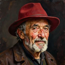 a painting of an old man with a red hat