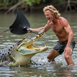 shirtless steve irwin fighting a crocodile inside the mouth of a crocodile as a sting ray fights the crocodile to get to steve graphic award winning stunning