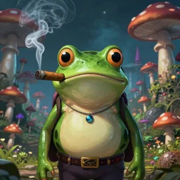 A centered waist up portrait of a scary psychedelic godlike anthropomorphic frog smoking an anime cigar , magic mushroom village in background . award winning. superb resolution. in the art style of junji Ito and greg rutkowski . Detailed Mushroom city in background. Hyper realistic anime. Perfect art. Dalle2
