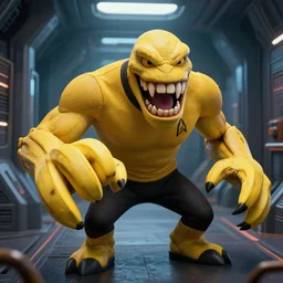 hyper realistic, banana monster teeth claws, star trek captain fist fighting, alien invasion, ship hallway https://www.youtube.com/watch?v=oXRrzmh8DTk
