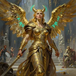 An oil painting of the Valkyrie viking goddess of anger, very aesthetic, detailed face, golden wings, by Frank Frazetta, Greg Rutkowski, Boris Vallejo, Neal Hanson, Christian MacNevin, epic fantasy character art, goddess of war, teal-neon viking runes, detailed viking armor, high fantasy, full length, exquisite detail, post-processing, low angle, masterpiece, cinematic, odin's stone arena background