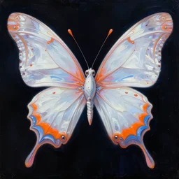 a dark full body portrait of a whimsical white and orange iridescent futuristic butterfly with big eyes gazing intensely. angular futuristic sci - fi features. deep blue and pink tones. dark black background. highly detailed fantasy science fiction painting by moebius, frank frazetta, and syd mead. rich colors, high contrast. unreal engine, y 2 k aesthetic, trending on artstation