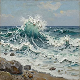 3d high relief painting of towering waves crashing down on a stony beach, rough sea painted in the style of the old masters, painterly, thick heavy impasto, expressive impressionist style, painted with a palette knife