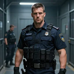 portrait of a handsome hunky security guart in a futuristic prison. art by denys tsiperko and dan dos santos. detailed, hyperrealism, 8 k resolution