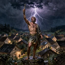 detailed background, old village, night, a dark thunderstorm, leonidas, lightning, rain, highly detailed, high quality, digital painting, by gaston bussiere, craig mullins, alphonse mucha j. c. leyendecker