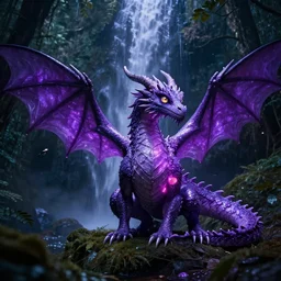 brightly lit fairy dragon in a dim dark forest waterfall purple big fruit flies eyes 4 k raytracing high definition detailed artstation realistic trending dramatic lighting