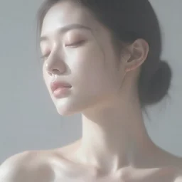 photorealistic portrait of a beautiful young woman, very blurry, out of focus, translucent stone white skin, closed eyes, foggy, closeup, ( ( thin neck ) )