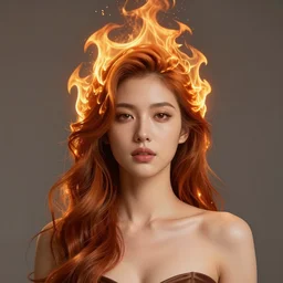 portrait of a moderately beautiful woman, burning hair, flames on her head, medium shot, digital art, volumetric lighting, highly detailed, by tom bagshaw,