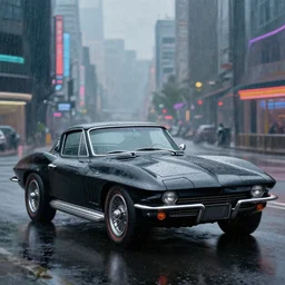 a black 1 9 6 3 corvette coupe, rainy cyberpunk background, oil painting, photorealistic, maximalist, depth of field, cinematic lighting, sharp focus, trending on artstation