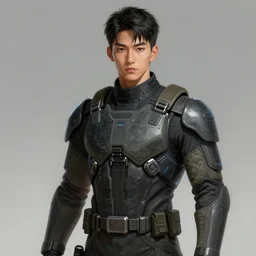 Portrait of a man by Greg Rutkowski, he is about 20 years old, korean, short black hair, young, manly, attractive, tall and slim, smart looking, he is wearing futuristic military fatigues, highly detailed portrait, scifi, digital painting, artstation, concept art, smooth, sharp foccus ilustration, Artstation HQ