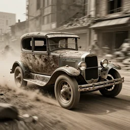 street photography, award winning photo of an ultra detailed intricate dirty vintage 1 9 2 0 s ford car speeding very fast on dirt, in an apocalyptic city, sepia, fast shutter speed, motion blur, tiny gaussian blur, highly detailed, highly intricate, depth of field, trending on top gear