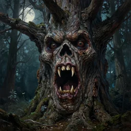 a talking oak tree, huge face in the bark, eyes in the bark, mouth in the bark, horror concept art, sharp teeth, digital painting, oil painting, hyperrealistic, treebeard, ent, undead, fantasy monster, moonlight, in the forest, by alan lee, by artgerm