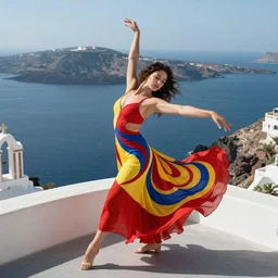 beautiful modern dancer wearing a red and yellow and blue swirling dress, standing on a Santorini terrace looking down into the ocean, trending on artstation, cinematic, photorealistic