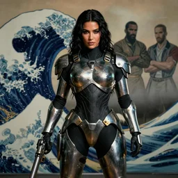 kim kardashian wearing metal gear armor holding gun dramatic lighting art by Richard Schmid by Hokusai by greg rutkowski by trevor henderson by ross draws cinematic dramatic