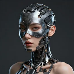 sexy beautiful woman head made of mech mask rendered in unreal engine, cyberpunk, dark scifi, body made in black microchips