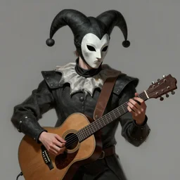 a digital painting of a man wearing a mask playing a guitar, young handsome pale roma, grim dark jester from gwent cards, a character portrait by senior character artist, polycount, vanitas, sketchfab, speedpainting, zbrush