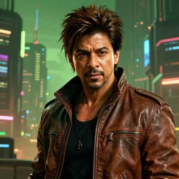 full-frame of Shah Rukh Khan, wearing a brown leather-jacket, as a character from Cyberpunk 2077, looking at camera, intricate, sci-fi, extremely detailed, in the background cyperpunk-2077-city, concept art, artstation